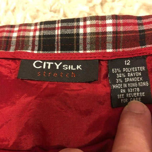 City Silk Stretch Pleated Red Plaid Skirt Sz 12 Hong Kong Vtg Tartan - Picture 4 of 7